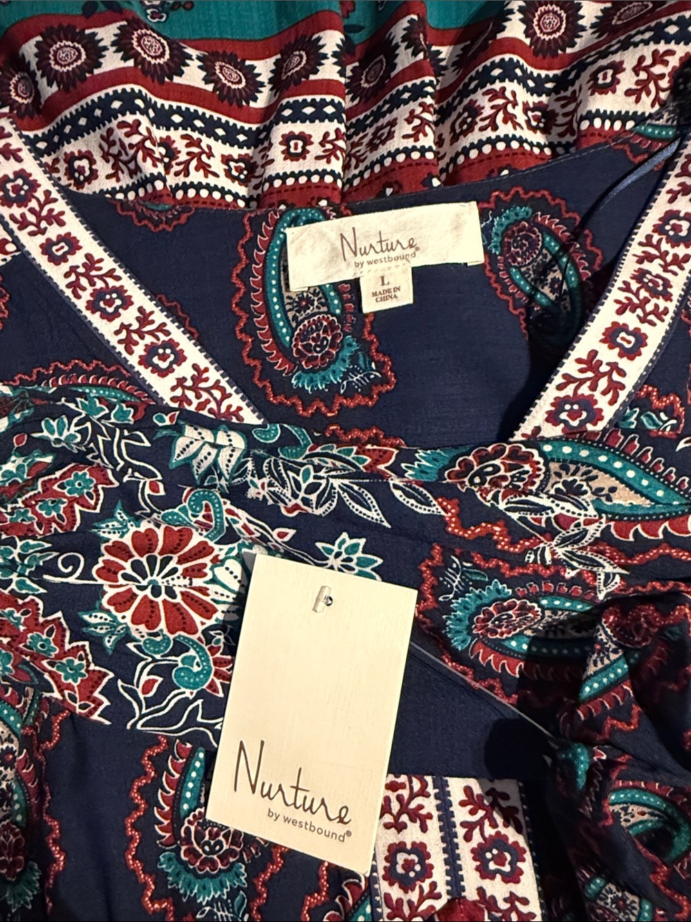 Bohemian Navy Paisley Maxi Dress with Teal and Burgundy Accents - Picture 3 of 3